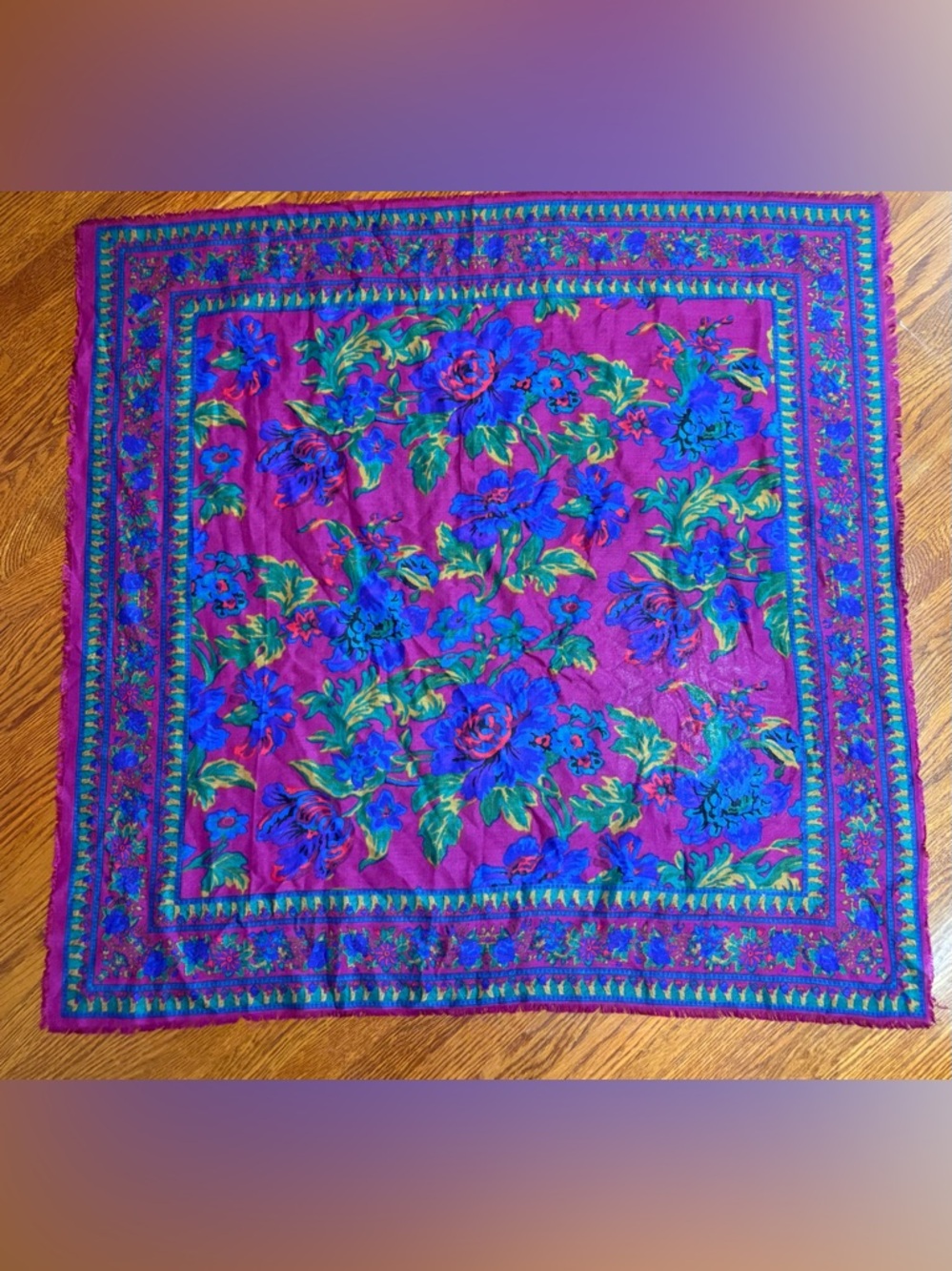 Vibrant Floral Vintage Scarf with Fringe Trim